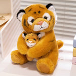 Simulation Mother&Kid Tiger Plush Toys Soft Wild Animal White Brown Tiger Hand Puppet Doll Cartoon Backpack for Children Kids