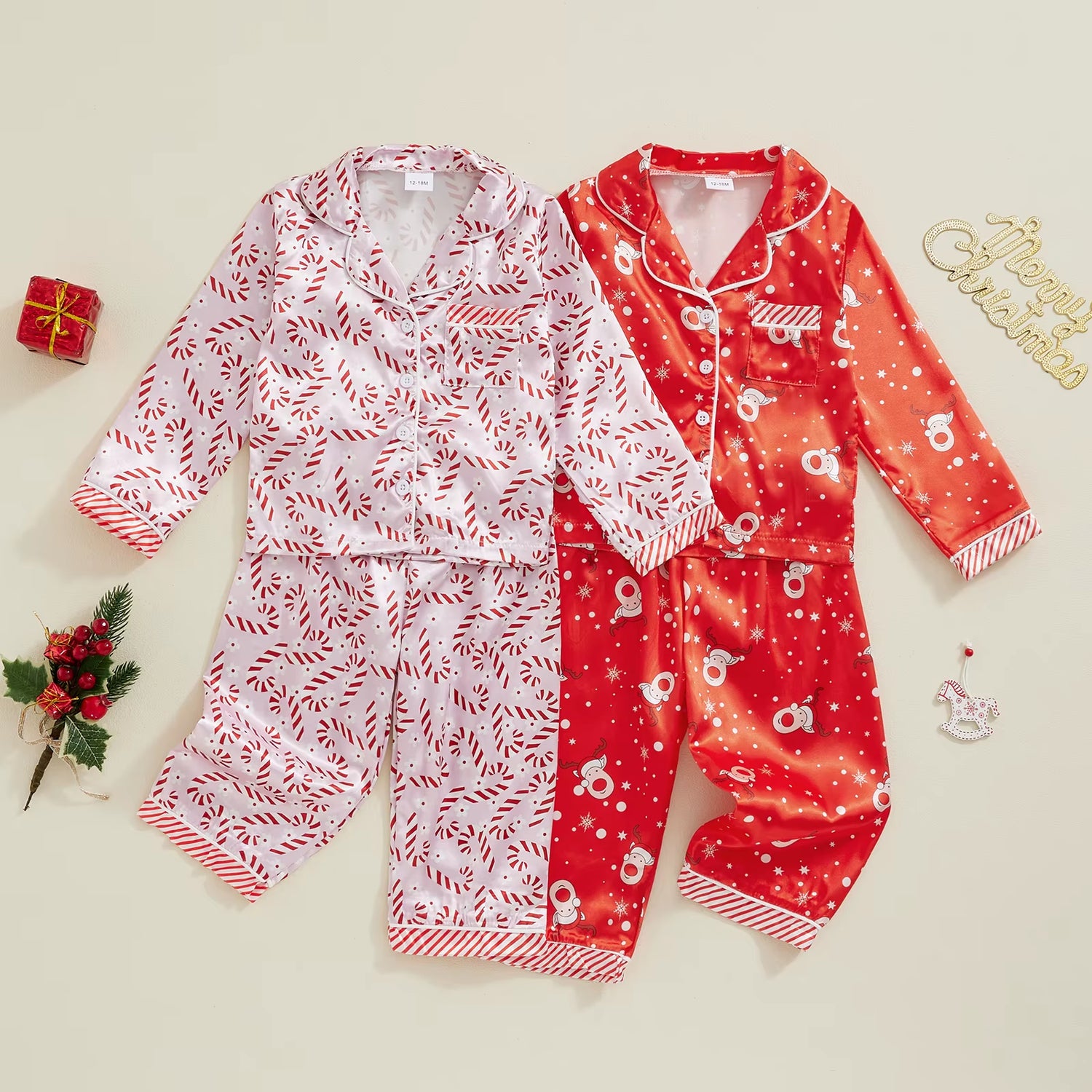 Satin Long Sleeve Kids Girls Sleepwear Robe Christmas Children Pajamas Set Winter Lapel Top with Pants Infant Clothes