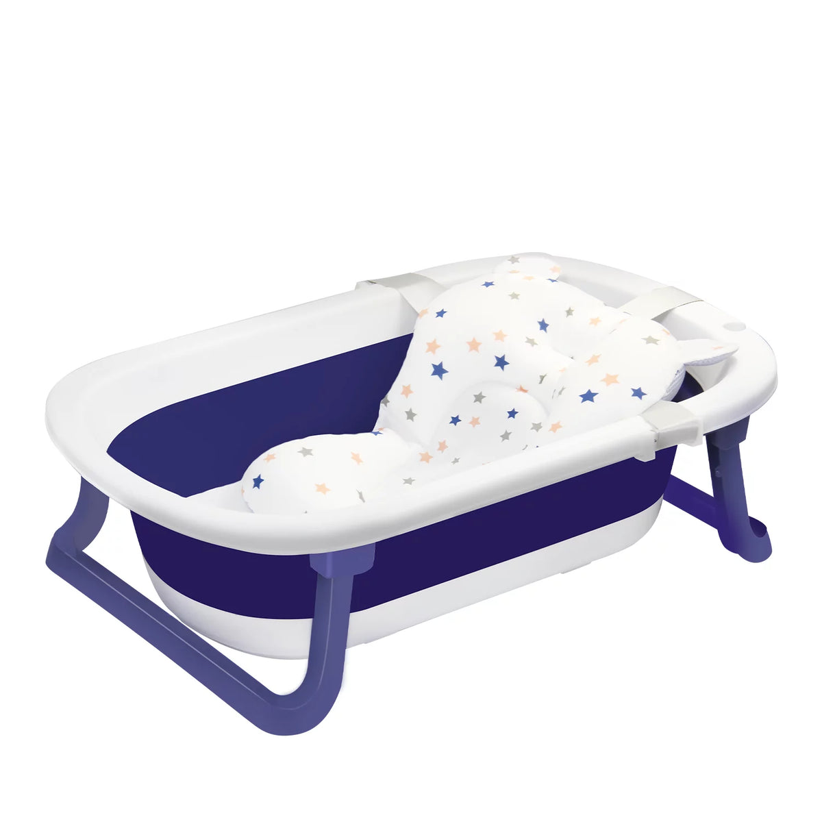 Newborn Baby Bath Tub with Drain Hole, Foldable Toddler Bathtub with Soft Cushion Pad, Portable Travel Bathtub Built in Anti-Slip Support for Newborn 0-36 Month,Blue