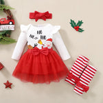 4PCS Newborn Baby Girl Christmas Clothing Set Santa Long Sleeve Bodysuit+Mesh Skirt+Headwear+Stockings 0-18M Baby Festival Wear