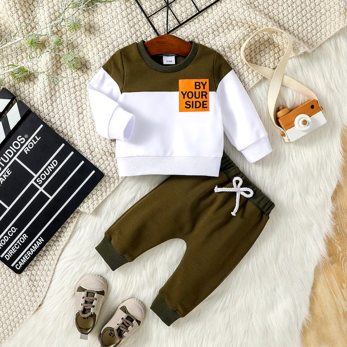 Baby Boys Long Sleeve Autumn Woven Lable Letter Sweatshirt +Pant for Cool Fashion Set 2PCS