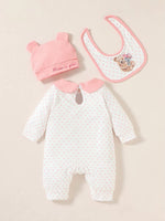 3Pcs Baby Girls Turn-Down Collar Long Sleeve Autumu Polka Dot Jumpsuit Casual +Hat+Bib