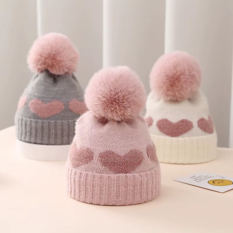 Winter Baby Knitted Hat Soft Pompom Newborn Beanie Cap Cute Love Heart Crochet Warm Infant Girls Hats Bonnet