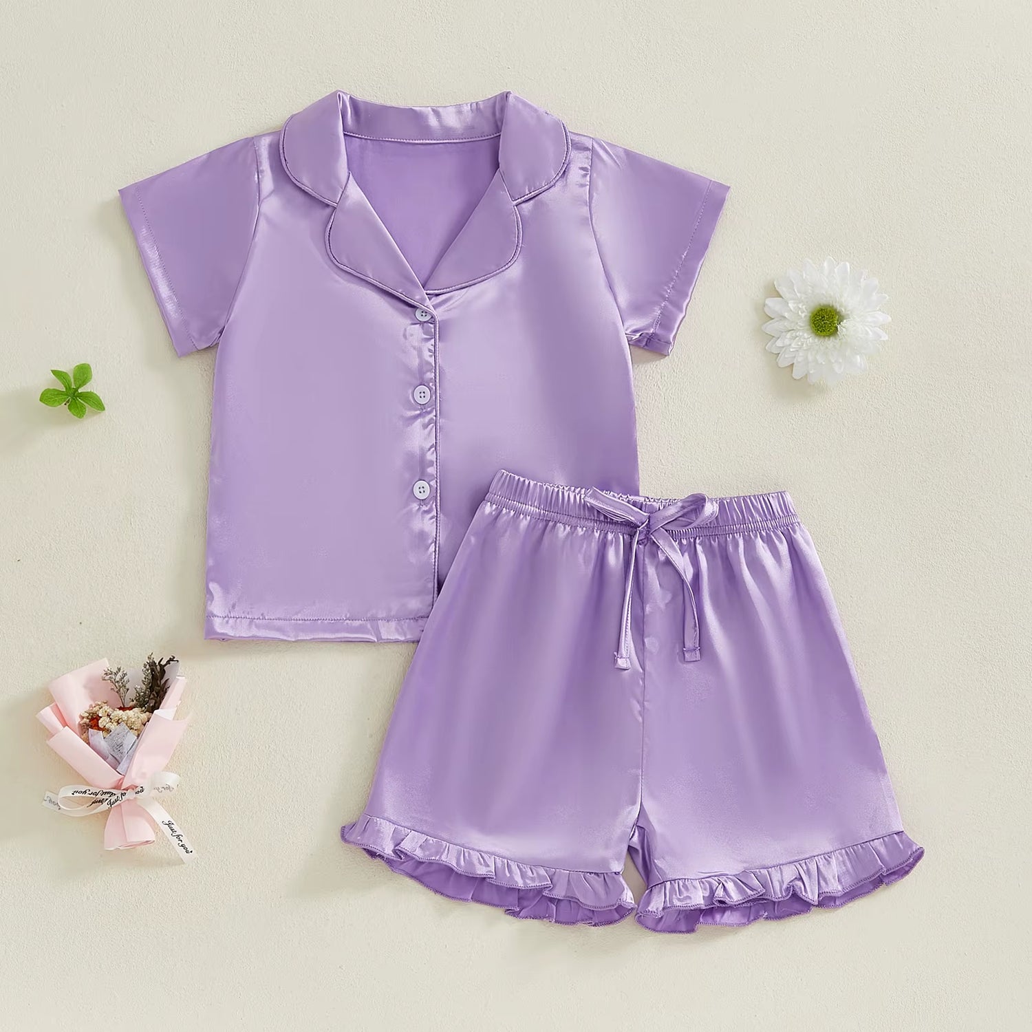 Summer Baby Girls Pajamas Set Satin Silk Solid Color Button Lapel Short Sleeves T-Shirt Ruffled Shorts Kids Sleepwear