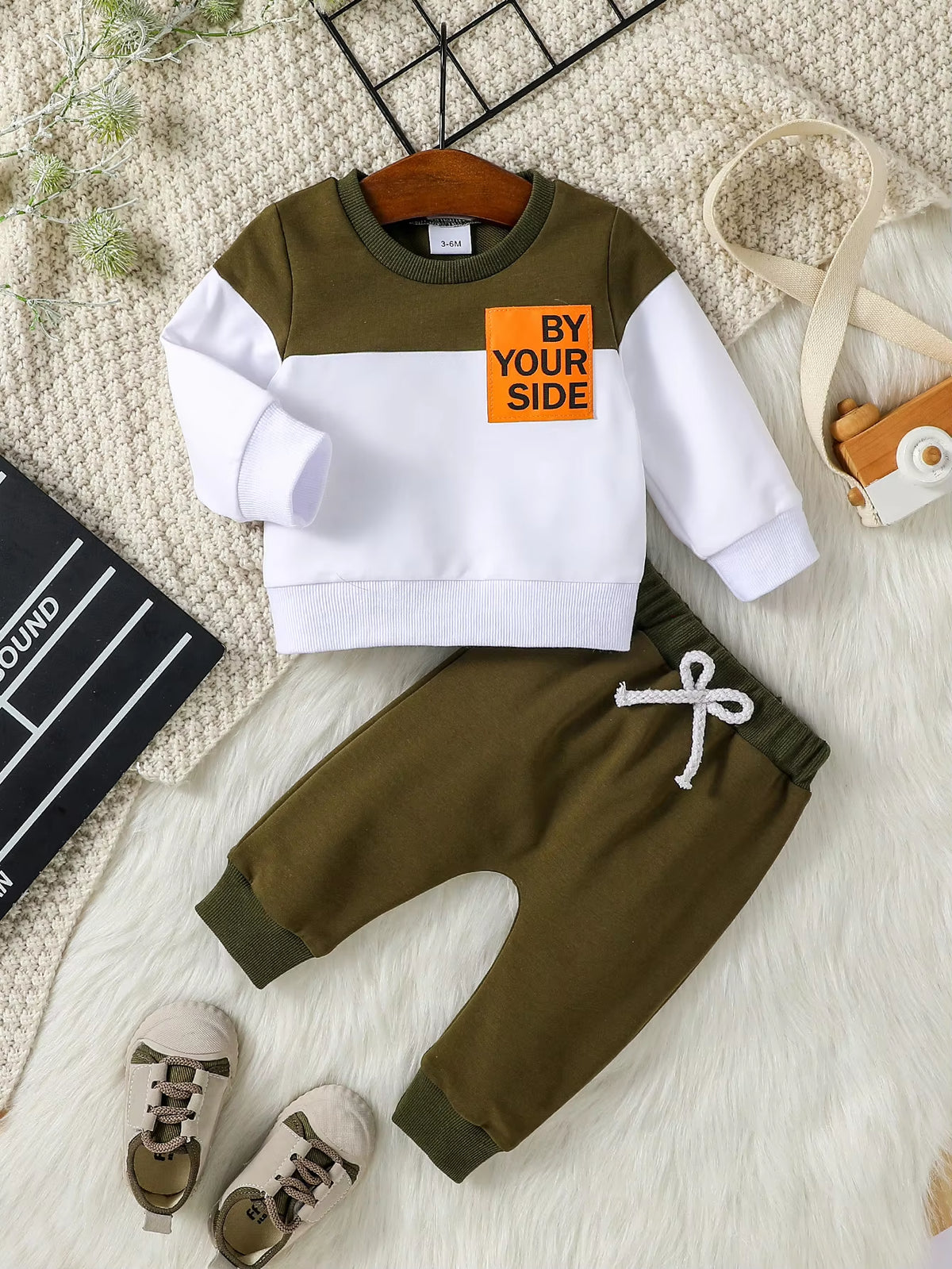 Baby Boys Long Sleeve Autumn Woven Lable Letter Sweatshirt +Pant for Cool Fashion Set 2PCS