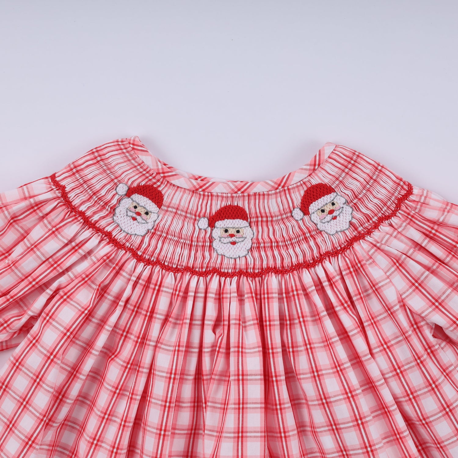 Red christmas santa claus hand smocked plaid ruffle pants set