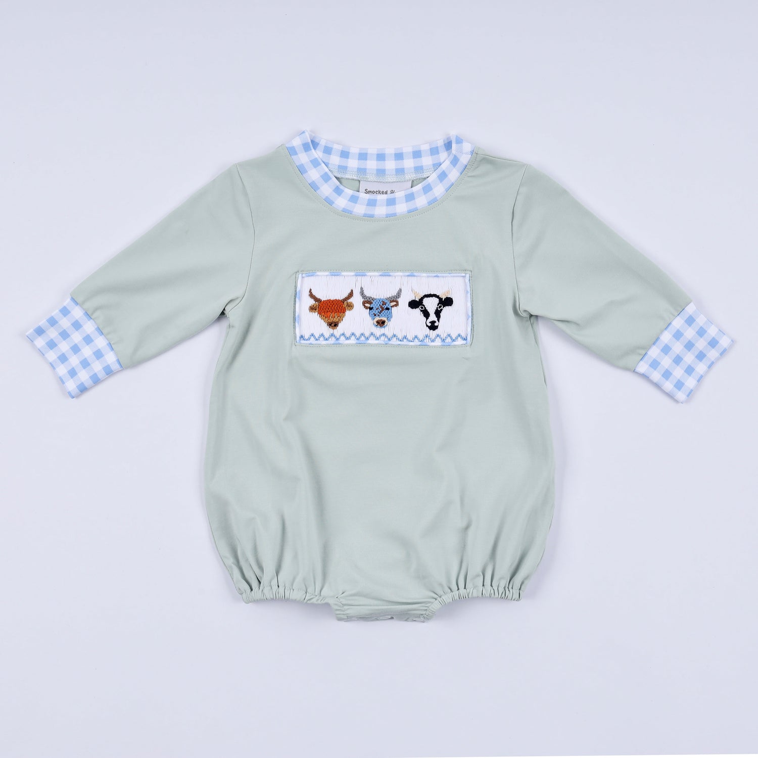 Sage cow hand smocked bubble