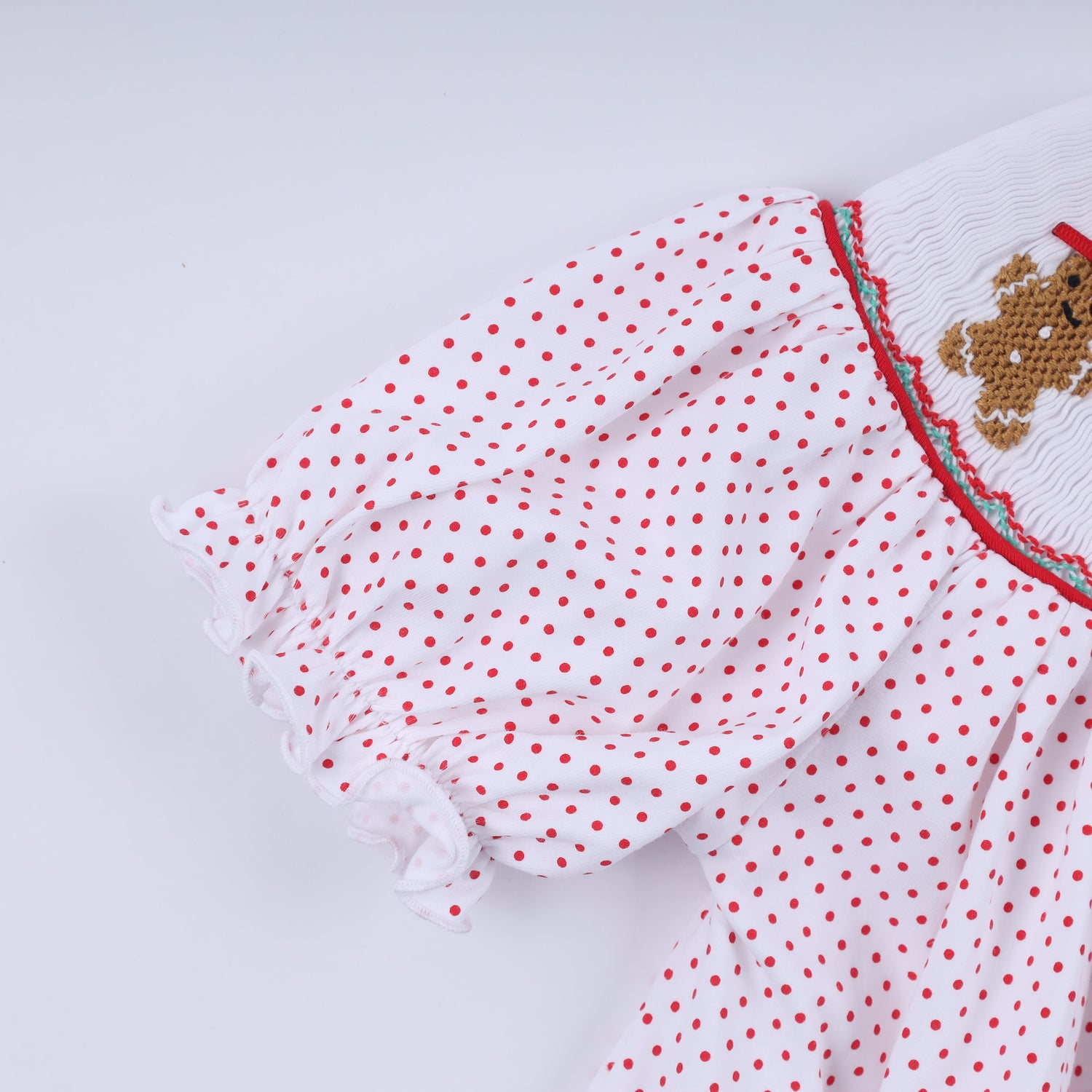 Red gingerbread hand smocked ruffle pants set