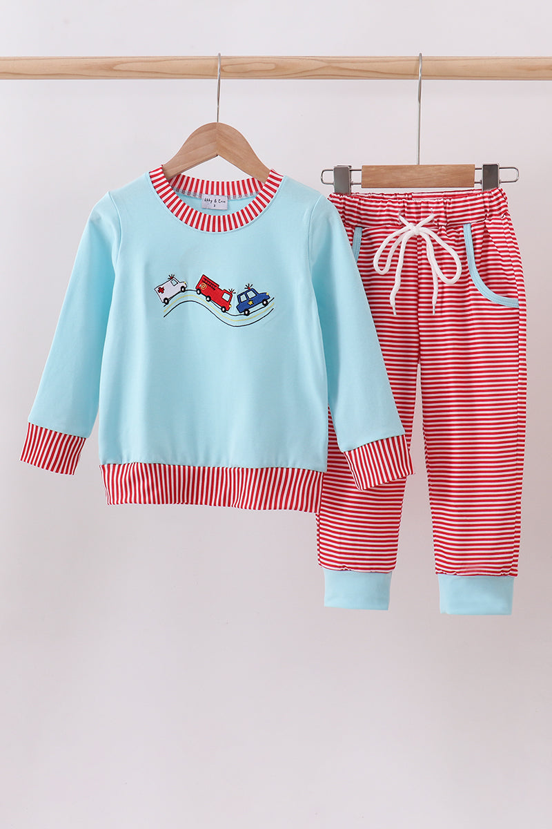 Blue vehicle emboridery pants set