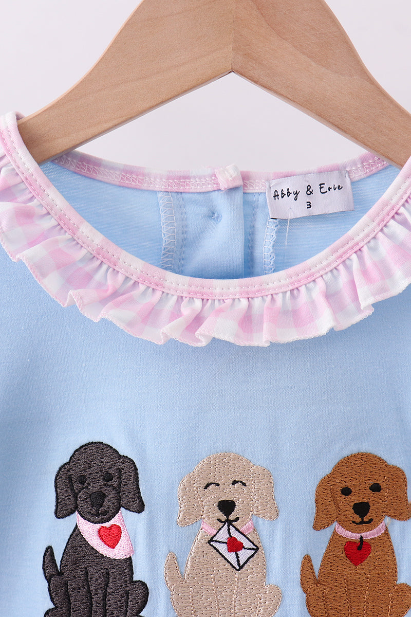Blue puppy embroidery ruffle pants set