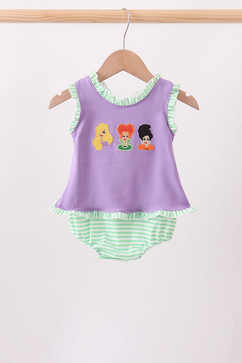 Purple witch applique stripe ruffle bubble