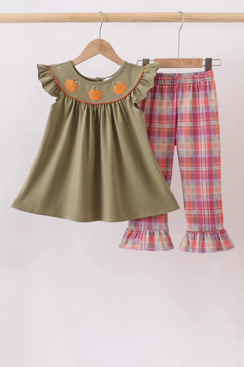 Camel Pumpkin Embroidery Plaid Dress