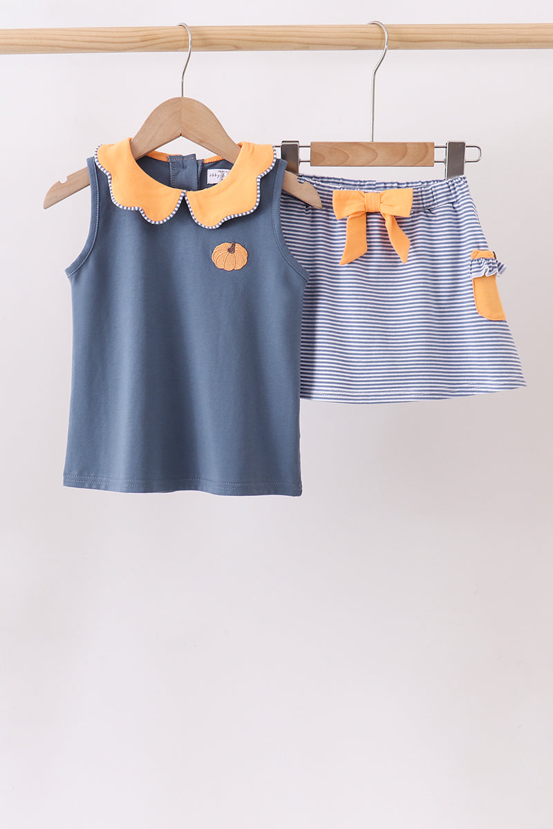 Teal pumpkin embroidery skorts set
