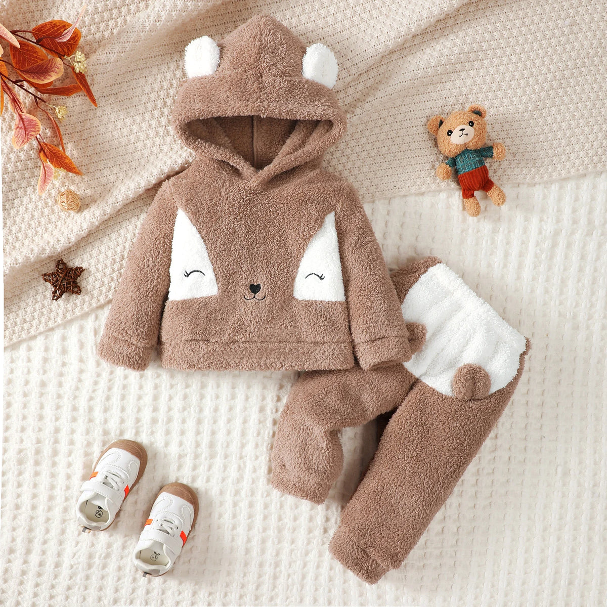 0-3 Years Baby Boys and Girls 2PCS Clothing Set Cartoon Pattern Hooded Long Sleeved Plush Suit Winter Warm Outfit for Toddlers