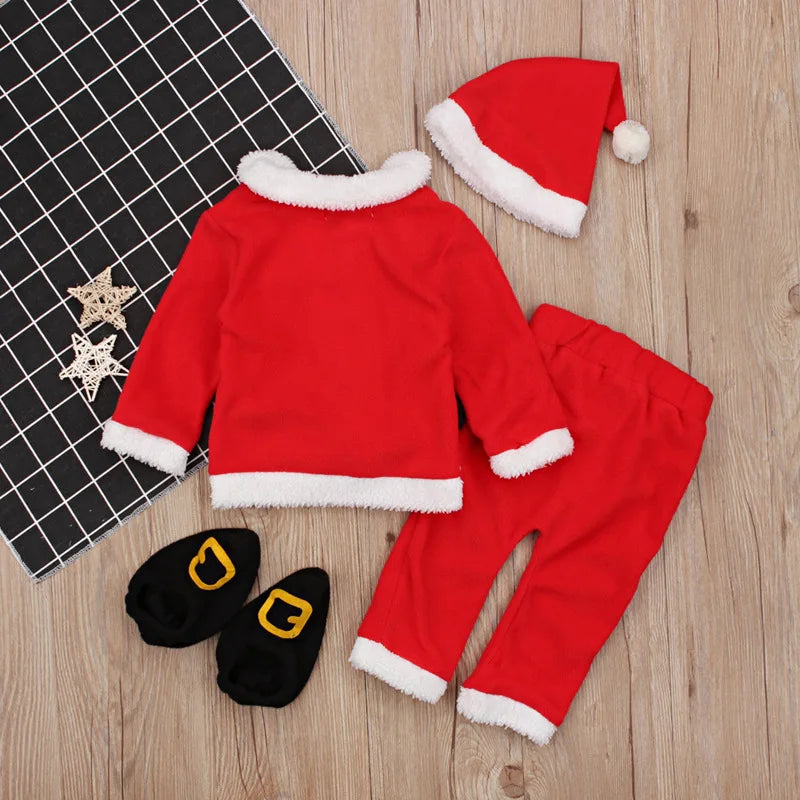 Newborn Baby Santa Claus Costume Christmas Outfit Autumn Winter Tops +Pants +Hat and Shoes 4PCS New Year Boys Girls Clothes Set