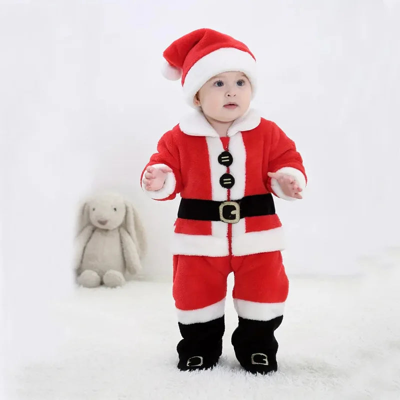 Newborn Baby Santa Claus Costume Christmas Outfit Autumn Winter Tops +Pants +Hat and Shoes 4PCS New Year Boys Girls Clothes Set