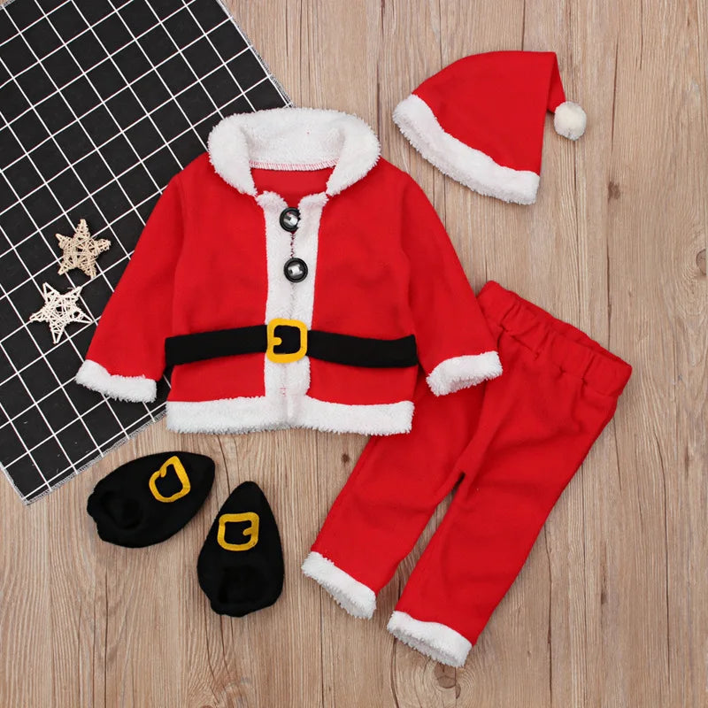 Newborn Baby Santa Claus Costume Christmas Outfit Autumn Winter Tops +Pants +Hat and Shoes 4PCS New Year Boys Girls Clothes Set