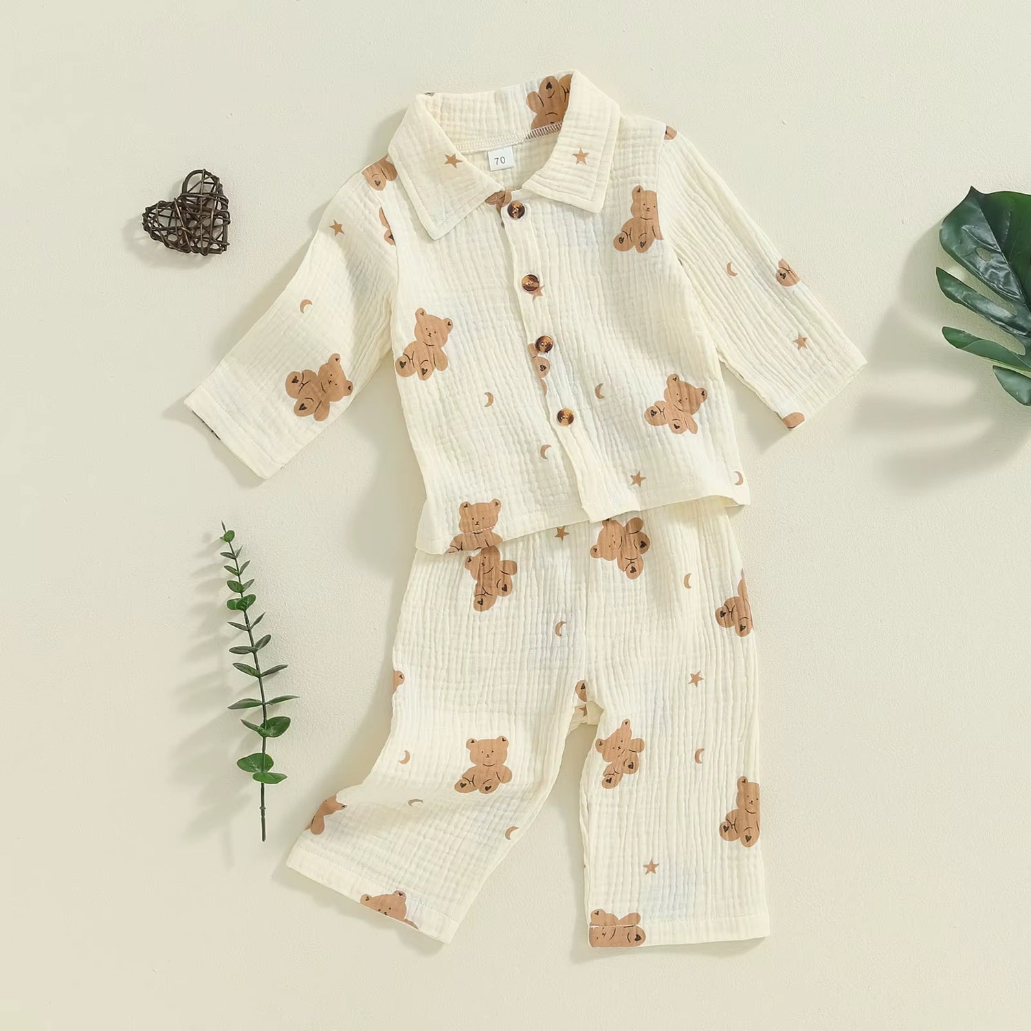 Long Sleeve Toddler Sleepwear for Girl Boy Fall Winter Pajamas Set Bear Print Lapel Button Tops Pants Kids Loungewear