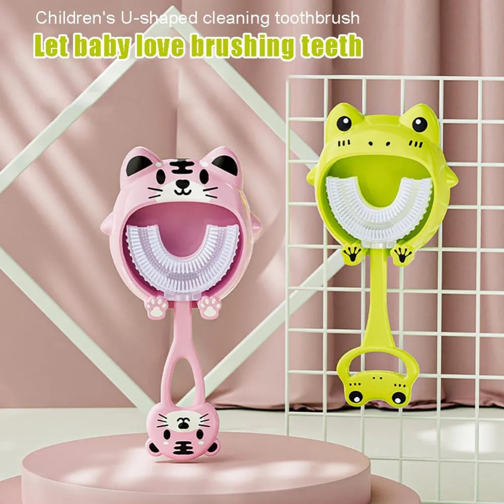 U-Shape Kids Toothbrush Cartoon Frog Print Toothbrush with Holder Children'S Toothbrush Silicone Cleaning Toothbrush 2-12Years