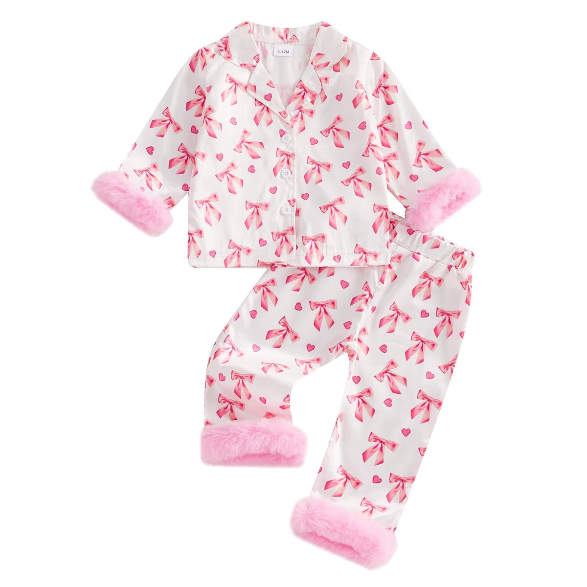 Cute Satin Slik Toddler Baby Girl Sleepwear Children Pajamas Sets Bow Print Plush Laple Long Sleeve Tops + Pants Suit