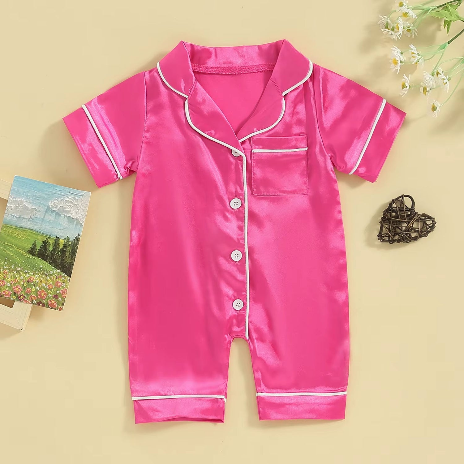 Newborn Baby Girls Boys Loungewear Sleepwear Kids Summer Jumpsuit Pajama Short Sleeve Lapel Solid Color Button up Nightgown Robe