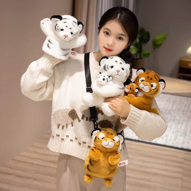 Simulation Mother&Kid Tiger Plush Toys Soft Wild Animal White Brown Tiger Hand Puppet Doll Cartoon Backpack for Children Kids