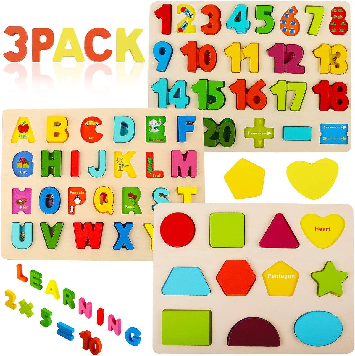 Wooden Puzzles for Toddlers,  Alphabet Number Shape Learning Puzzle for Kids Ages 3 4 5, Montessori Toys Preschool Education Chunky Jigsaw for Boys and Girls