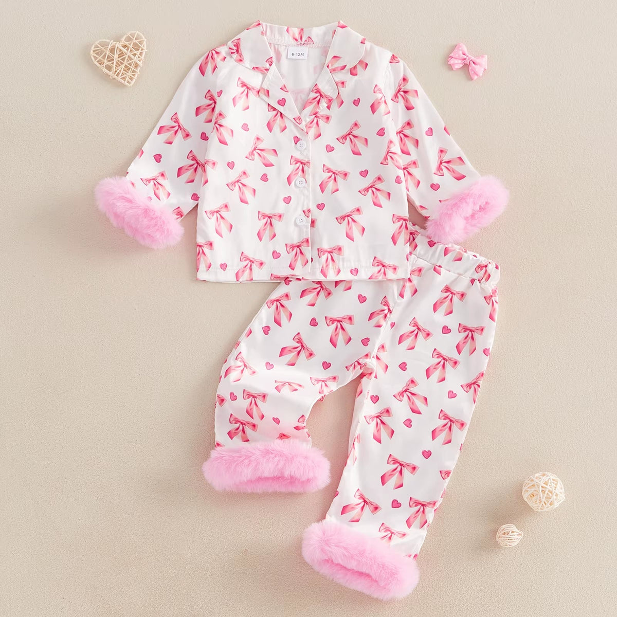 Cute Satin Slik Toddler Baby Girl Sleepwear Children Pajamas Sets Bow Print Plush Laple Long Sleeve Tops + Pants Suit