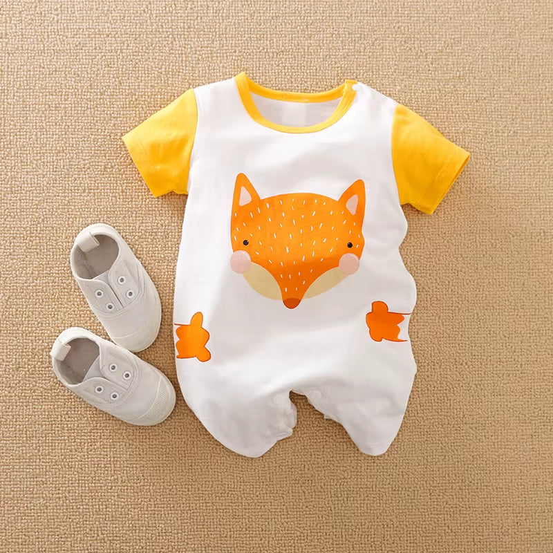 Costume Romper Jumpsuit Print 2024 Spring Baby Boy Girl Outfit Fox Clothes Toddler Infant Clothes 100% Cotton Short Sleeve Cute