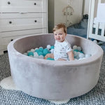 Grey Velvet Ball Pit with 200 Aqua, White, & Grey Balls