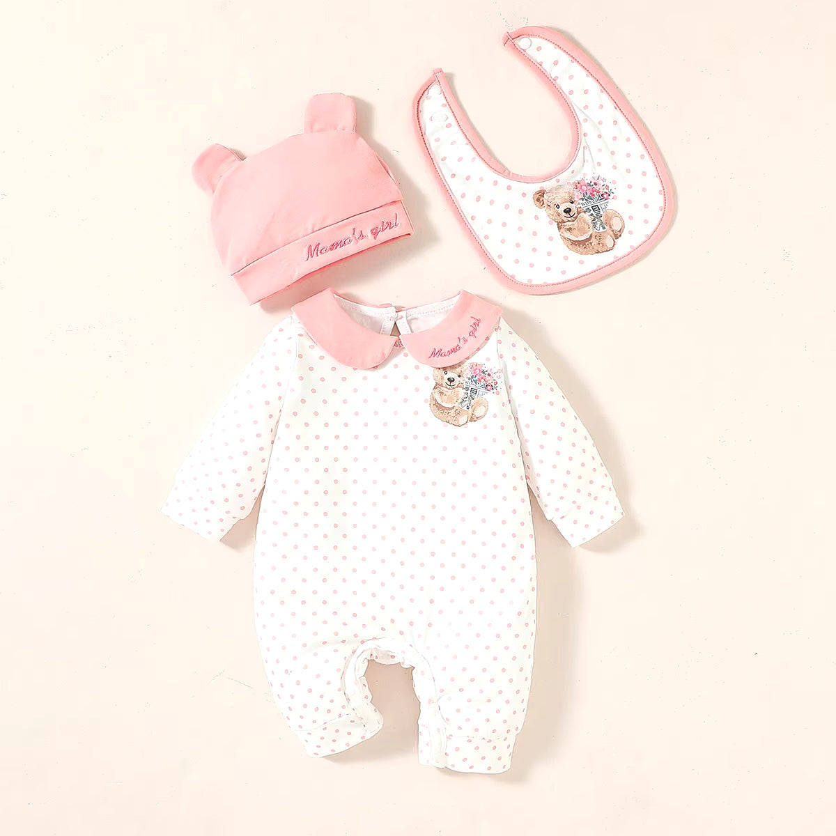 3Pcs Baby Girls Turn-Down Collar Long Sleeve Autumu Polka Dot Jumpsuit Casual +Hat+Bib