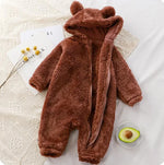 Thick Warm Baby Rompers Cute Winter Infant Jumpsuits Hooded Coral Fleece Bear Shape Newborn Soft Pajamas Overalls Clothing