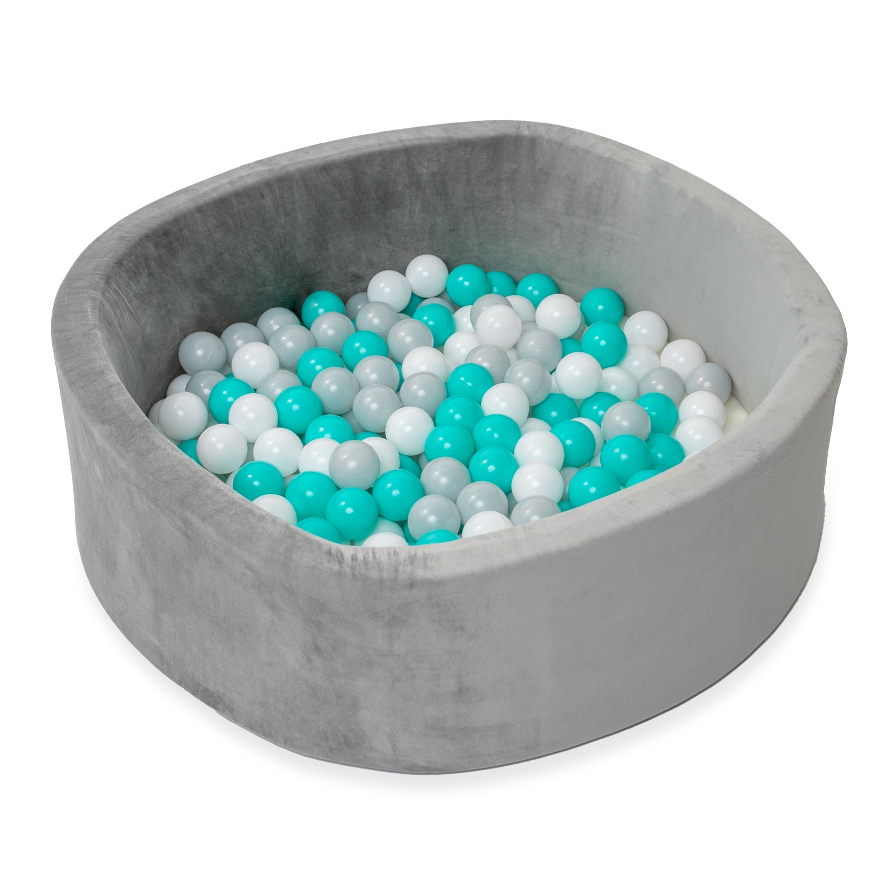 Grey Velvet Ball Pit with 200 Aqua, White, & Grey Balls