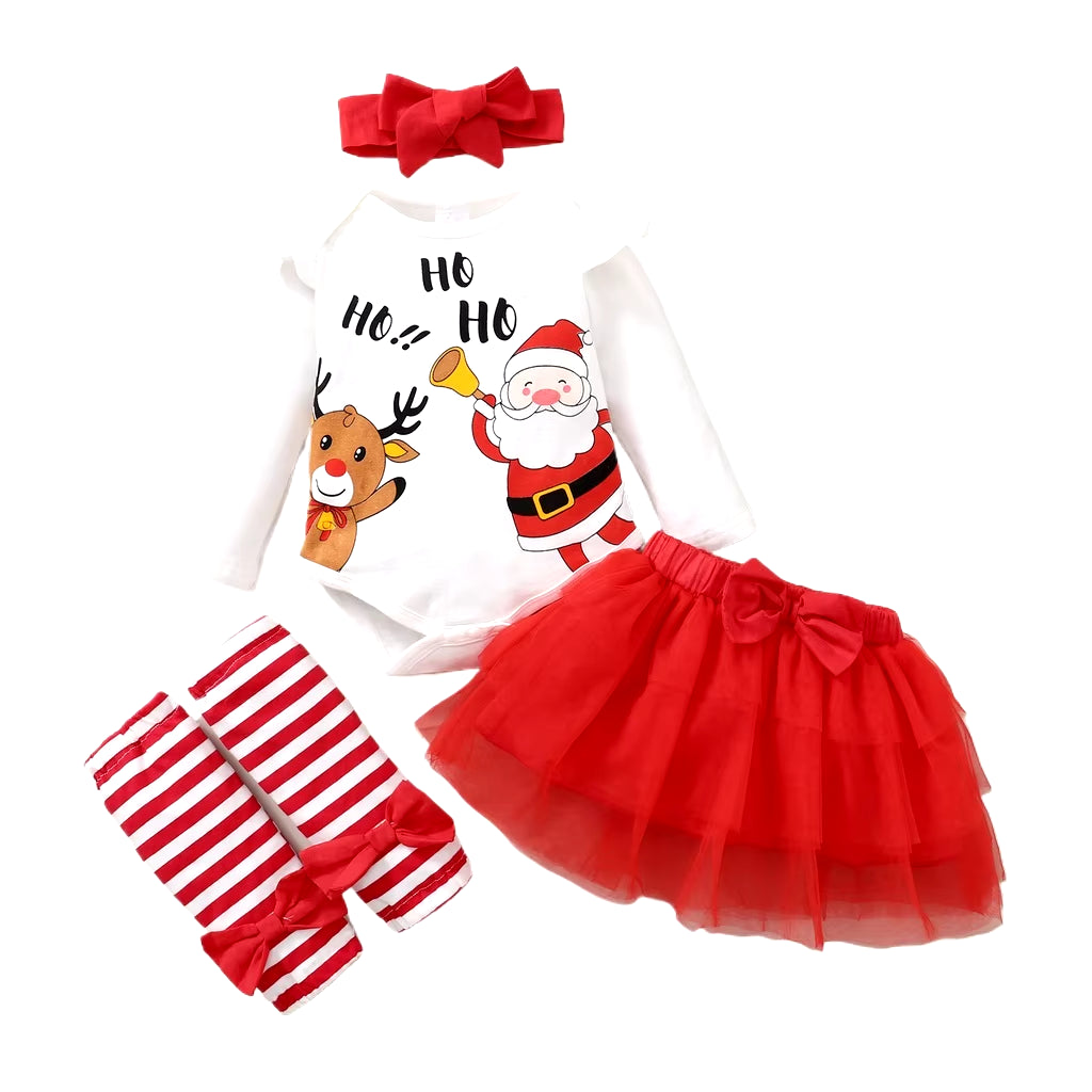 4PCS Newborn Baby Girl Christmas Clothing Set Santa Long Sleeve Bodysuit+Mesh Skirt+Headwear+Stockings 0-18M Baby Festival Wear