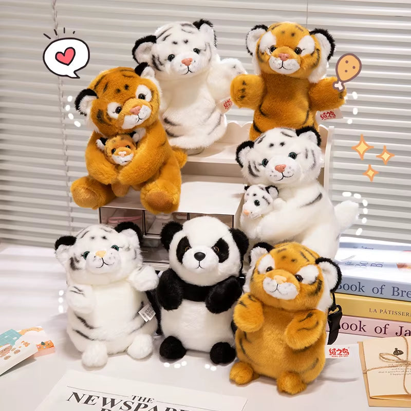 Simulation Mother&Kid Tiger Plush Toys Soft Wild Animal White Brown Tiger Hand Puppet Doll Cartoon Backpack for Children Kids