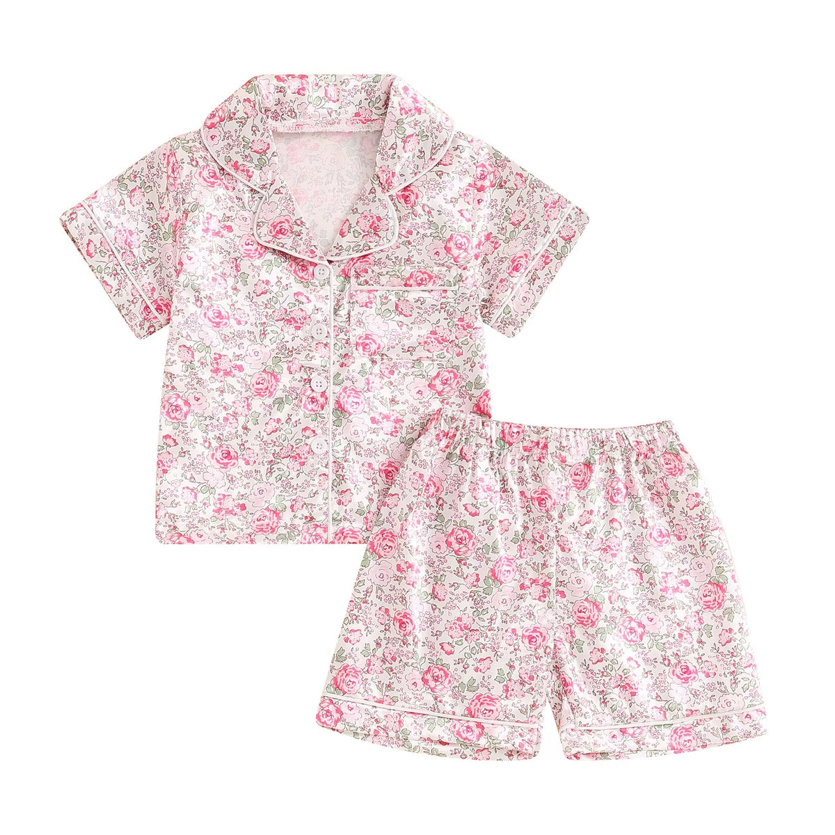 Summer Kids Girls Pajamas Sets Satin Slik Floral Print Short Sleeves Button Shirt Elastic Shorts Sleepwear Loungewear