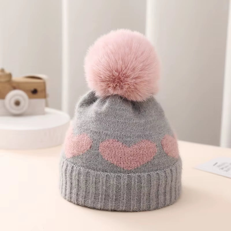 Winter Baby Knitted Hat Soft Pompom Newborn Beanie Cap Cute Love Heart Crochet Warm Infant Girls Hats Bonnet