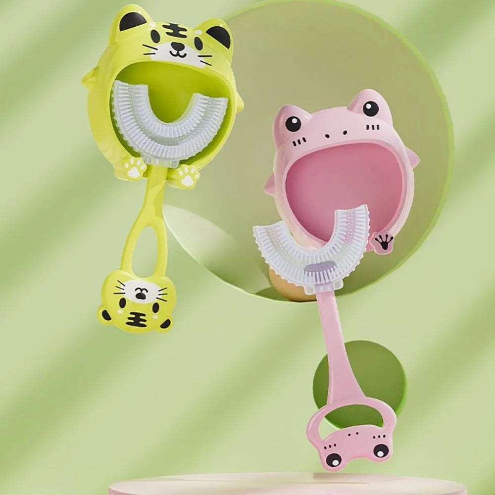 U-Shape Kids Toothbrush Cartoon Frog Print Toothbrush with Holder Children'S Toothbrush Silicone Cleaning Toothbrush 2-12Years