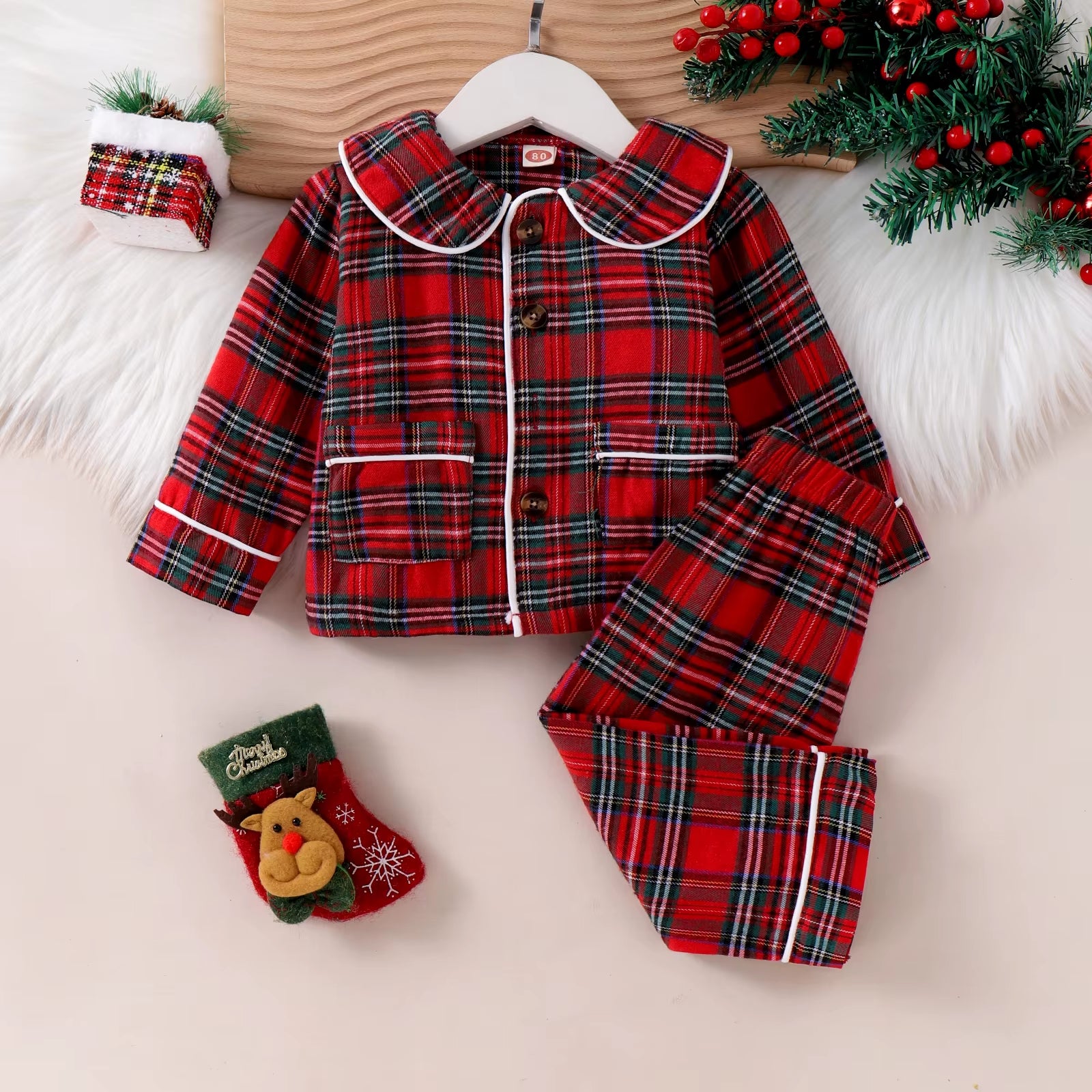 Plaid Print Kids Girls Boys Sleepwear for Christmas Pajamas Set Fashion Casual Long Sleeve Tops + Elastic Waist Pants Nightwear