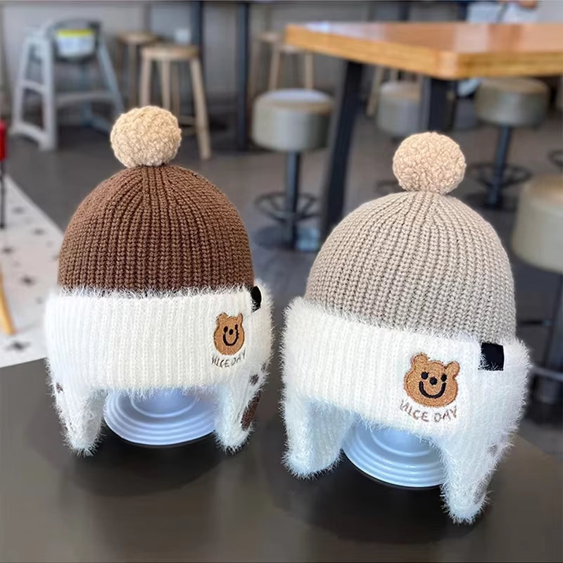 Winter Baby Bear Hat Children Plush Earmuffs Cap Kids Warm Knitted Hat Beanie Pompom Ball Toddler Ear Protection Caps 1-6Year