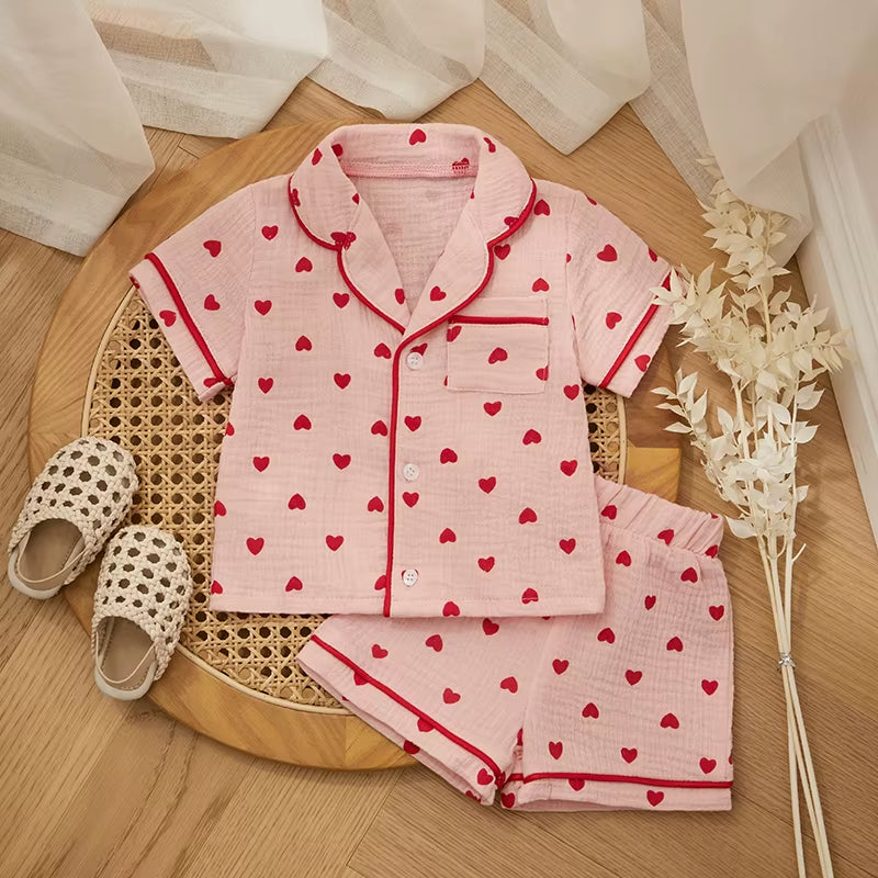 Summer Baby Girl Boy Pajama Set Cotton Linen Button down Clothes Short Sleeve Heart Print Tops Shorts Kids Loungewear Sleepwear