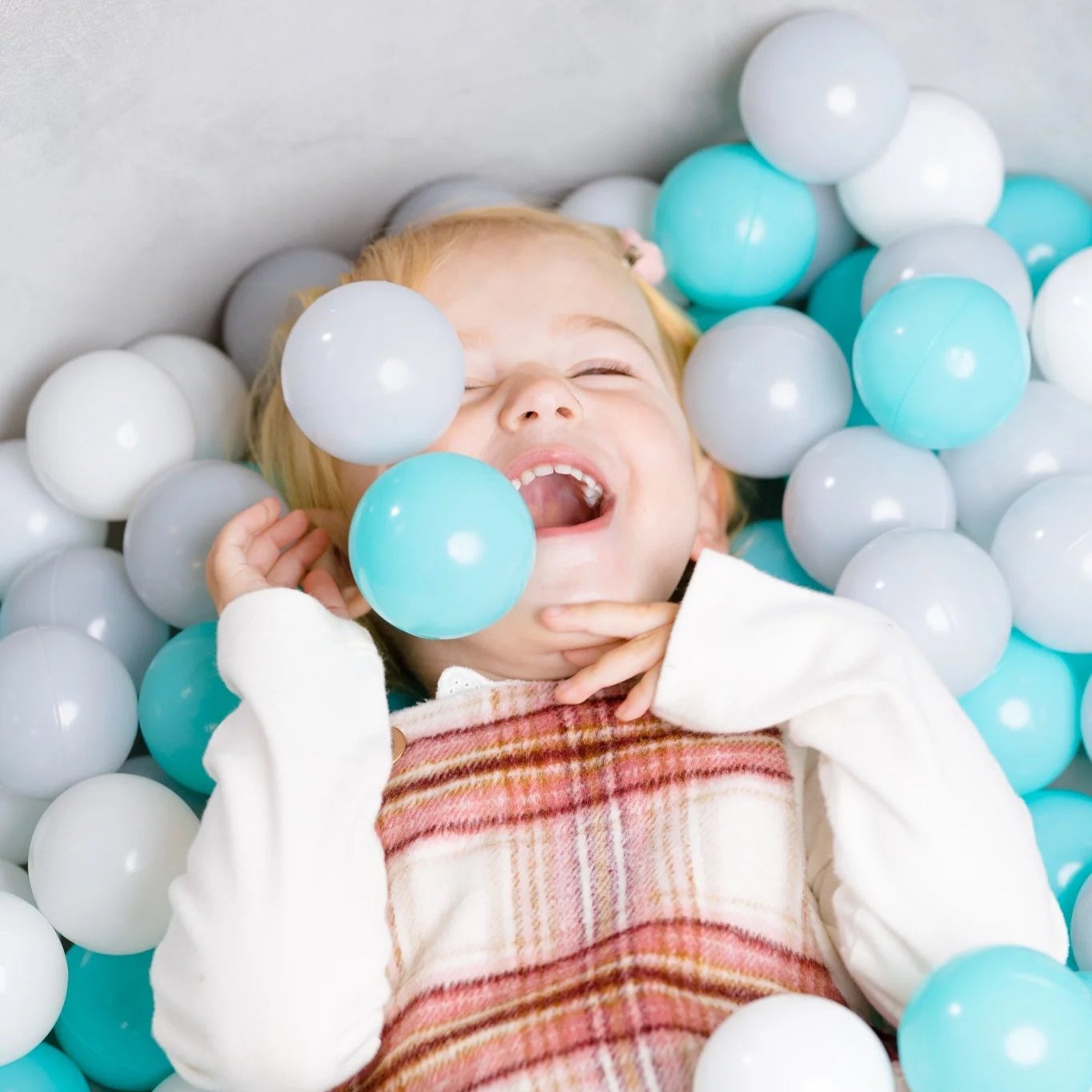 Grey Velvet Ball Pit with 200 Aqua, White, & Grey Balls