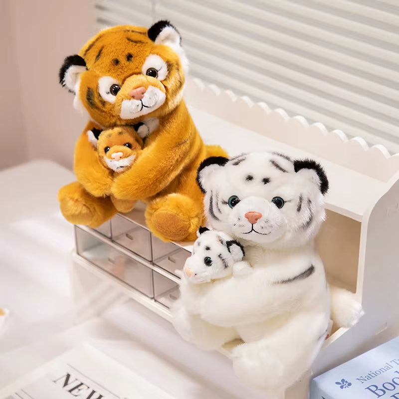 Simulation Mother&Kid Tiger Plush Toys Soft Wild Animal White Brown Tiger Hand Puppet Doll Cartoon Backpack for Children Kids