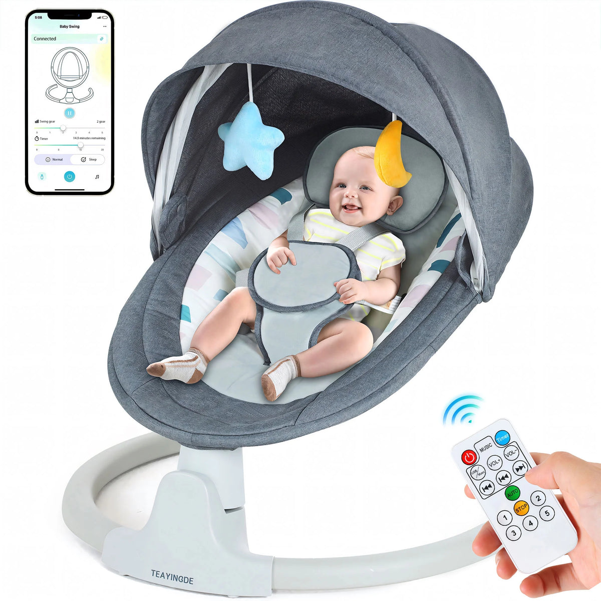 Baby Swing for Infants - APP Remote Bluetooth Control, 5 Speed Settings, 10 Lullabies, USB Plug (Blue)