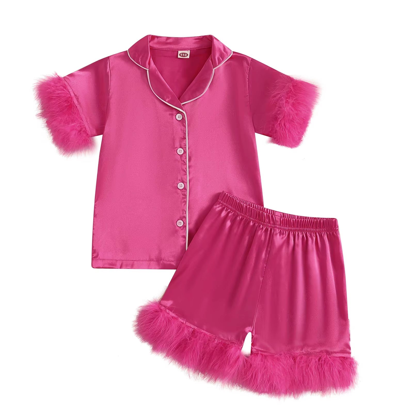 Summer Baby Girls Pajamas Set Sleepwear Satin Feather Patchwork Button up Short Sleeves Shirt with Shorts Loungewear