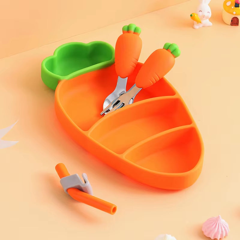 Children Carrot Silicone Tableware Feedingbaby Dinner Bowl Cartoon Plate Training Spoon Fork Infant Toddler Self Feeding Tool