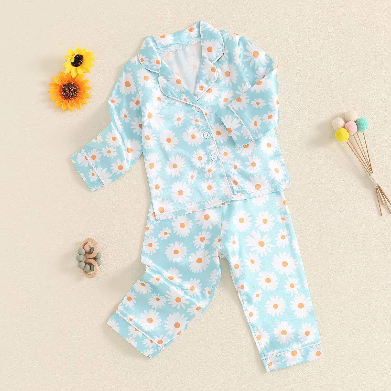 Children Girl Pajama Sets Kids Flower Print Lounge Outfits Daisy Print Long Sleeve Tops Pants Set Toddler Sleepwear