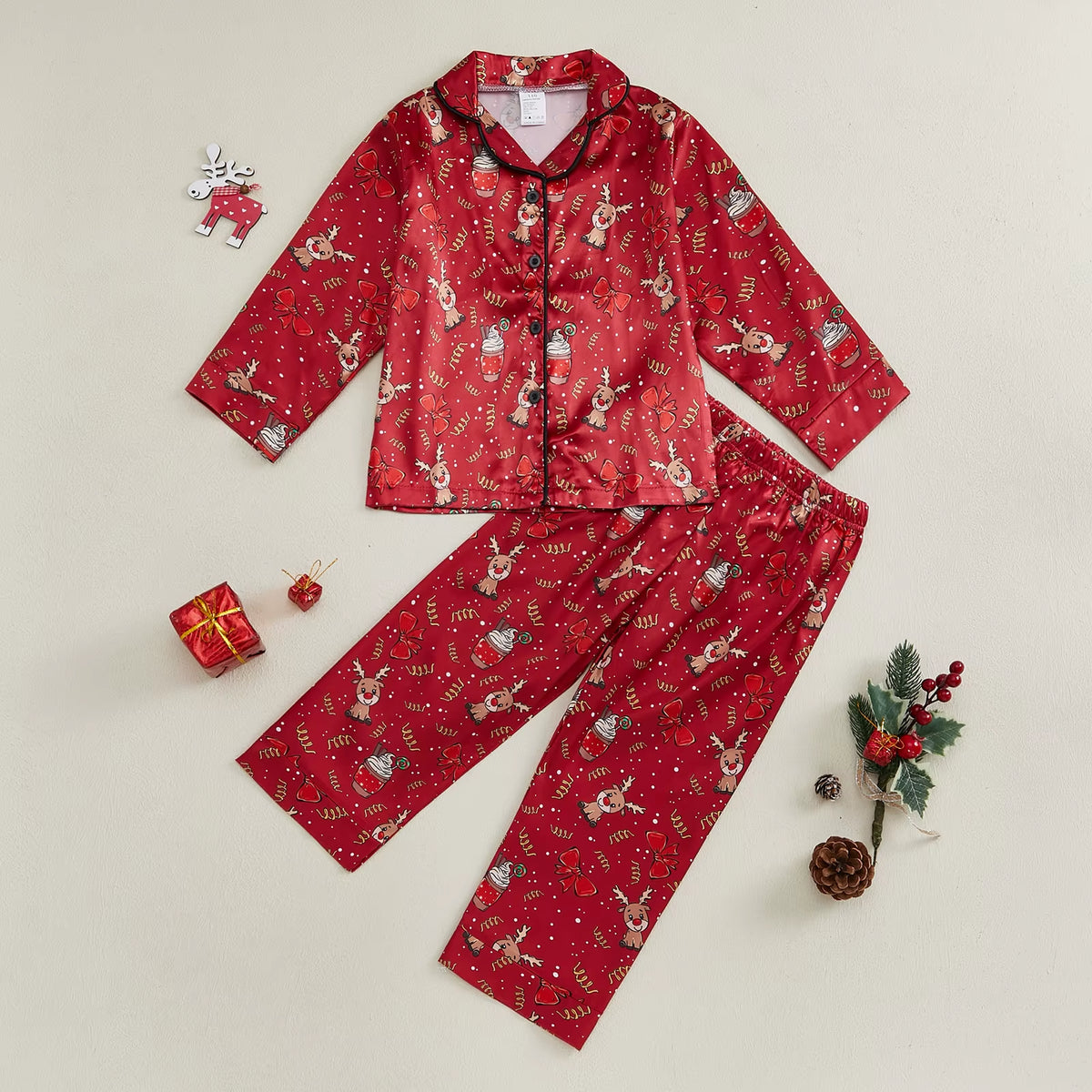 Slik Casual Kids Girls Nightwear Christmas Children Pajamas Set Long Sleeve Bowknot Button Shirt Pants Baby Sleepwear