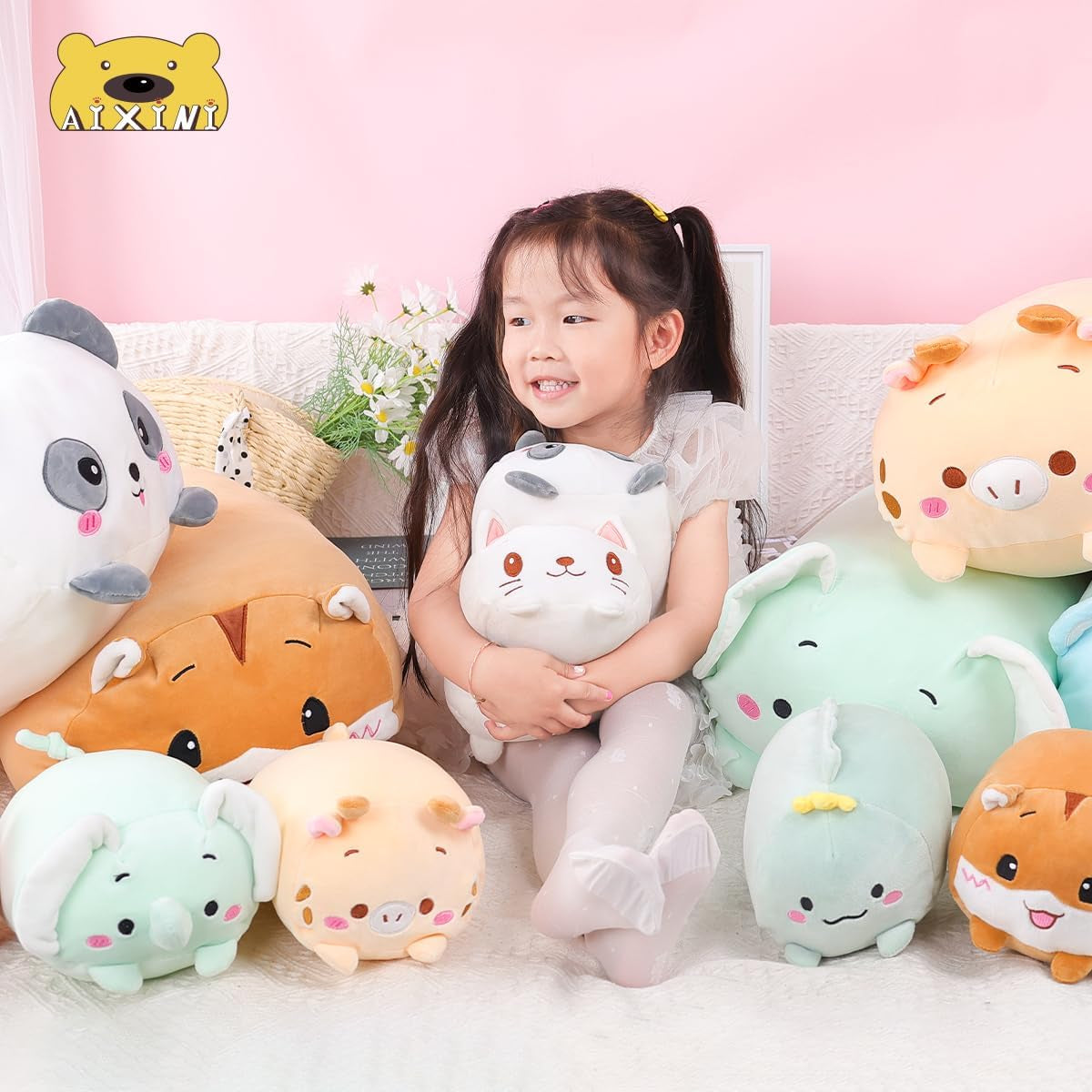 23.6 Inch Cute White Cat Plush Stuffed Animal Cylindrical Body Pillow,Super Soft Cartoon Hugging Toy Gifts for Bedding, Kids Sleeping Kawaii Pillow