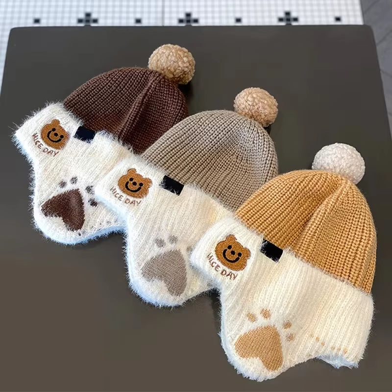 Winter Baby Bear Hat Children Plush Earmuffs Cap Kids Warm Knitted Hat Beanie Pompom Ball Toddler Ear Protection Caps 1-6Year